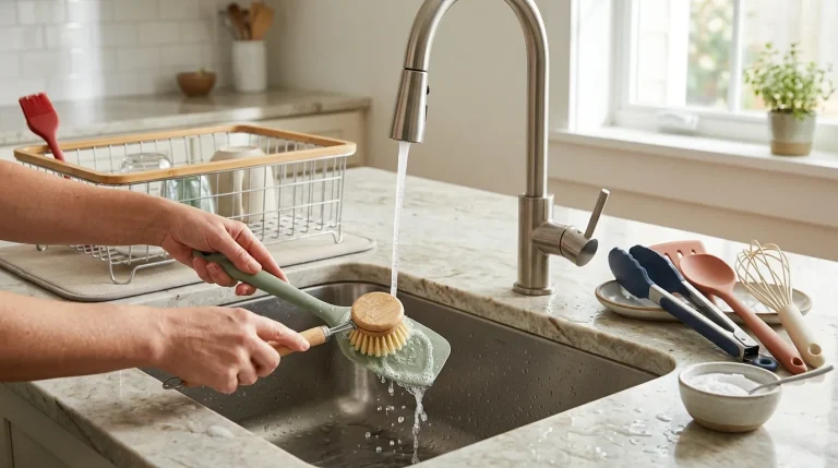 Silicone spatula and kitchen utensils being cleaned with warm water, mild dish soap, and a soft brush