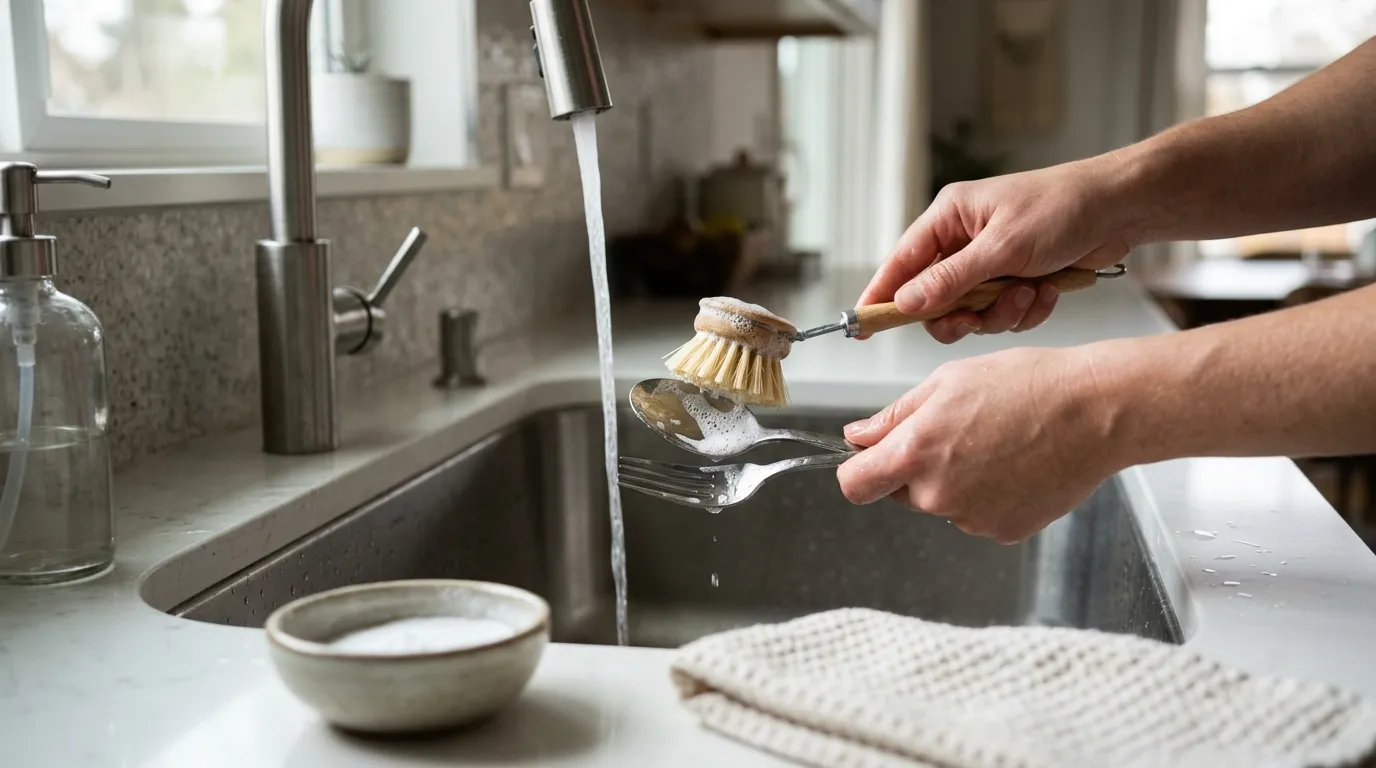 Stainless steel spoons and forks being scrubbed with dish soap and a soft brush before rinsing and drying