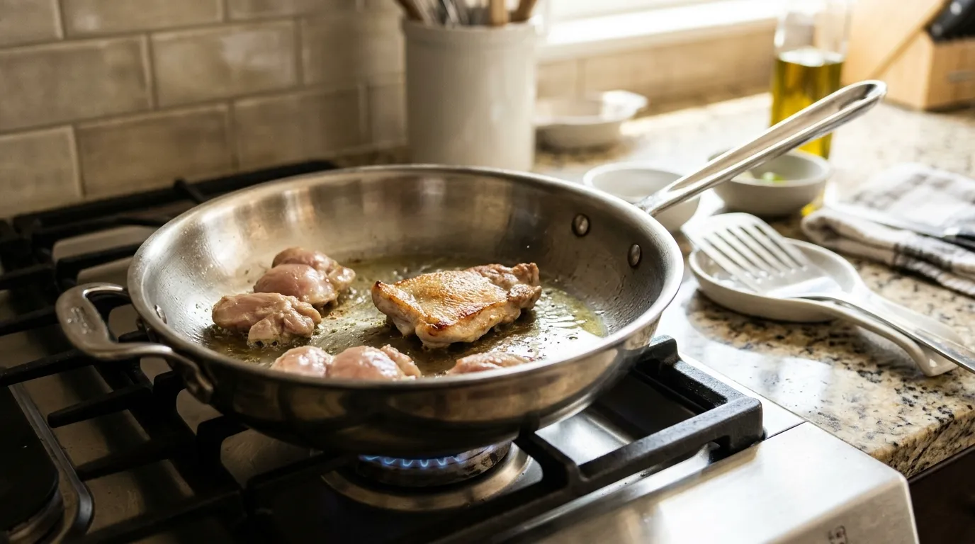 Chicken browning in a preheated stainless steel skillet with a thin layer of cooking oil