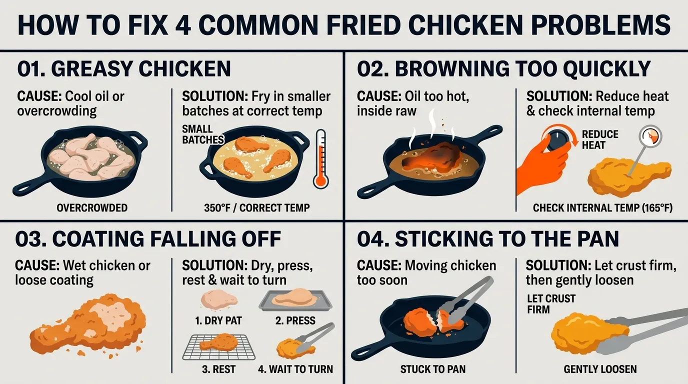 Fried chicken troubleshooting guide for greasy coating, burnt crust, loose breading, and sticking