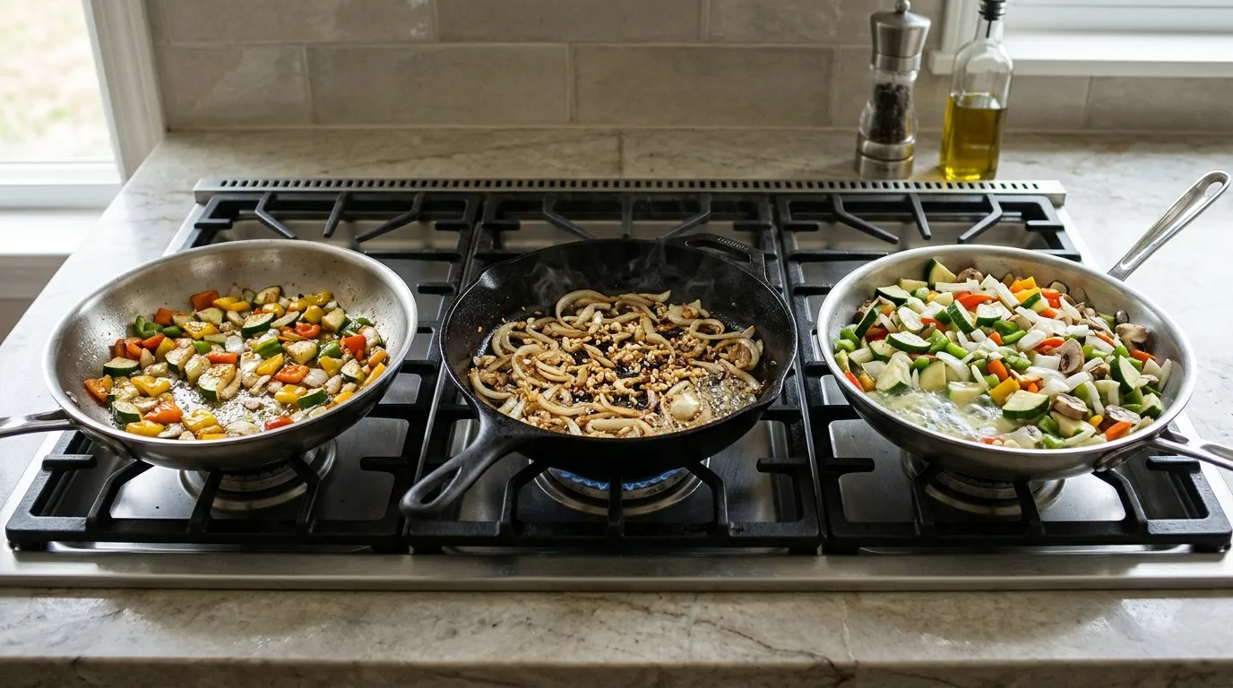 Comparison of properly sautéed vegetables, food browning too quickly, and vegetables releasing excess moisture in a skillet