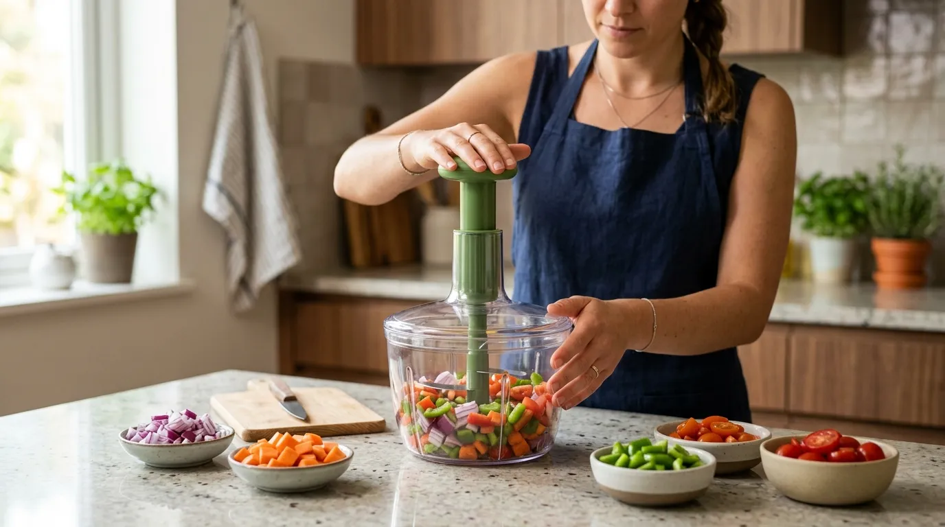 Vegetable chopper prepared for safe food preparation with evenly cut vegetables on a modern kitchen counter