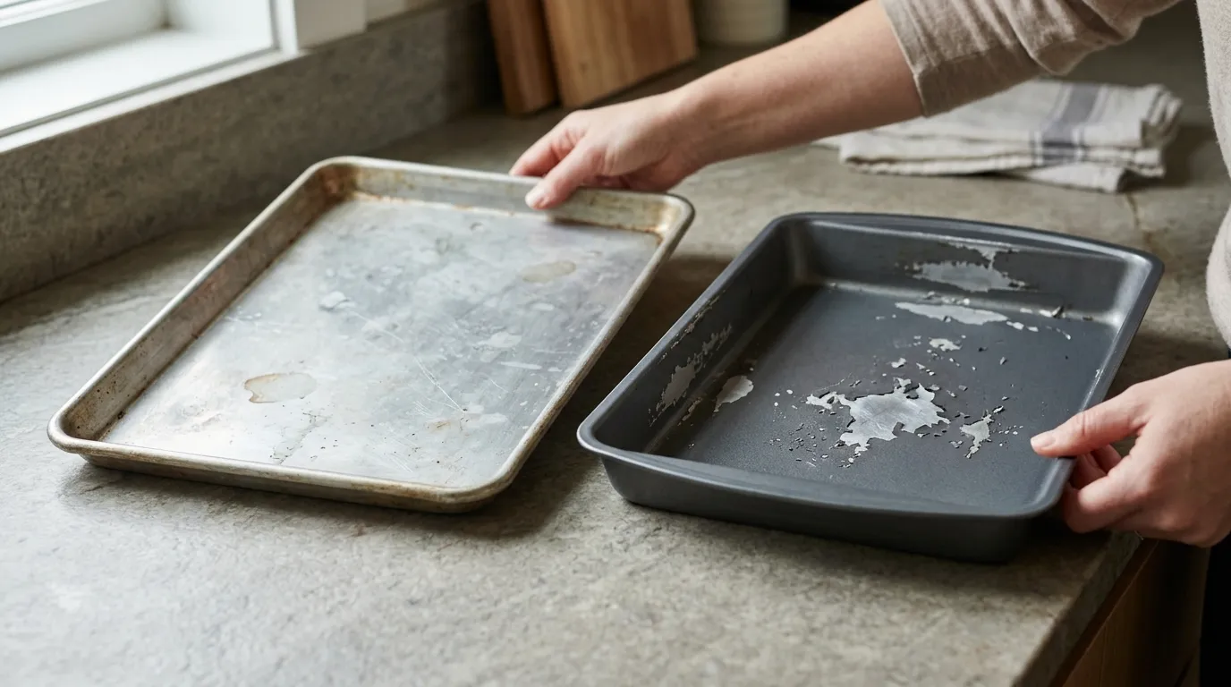 Warped aluminum baking sheet being checked for stability beside a damaged nonstick pan.