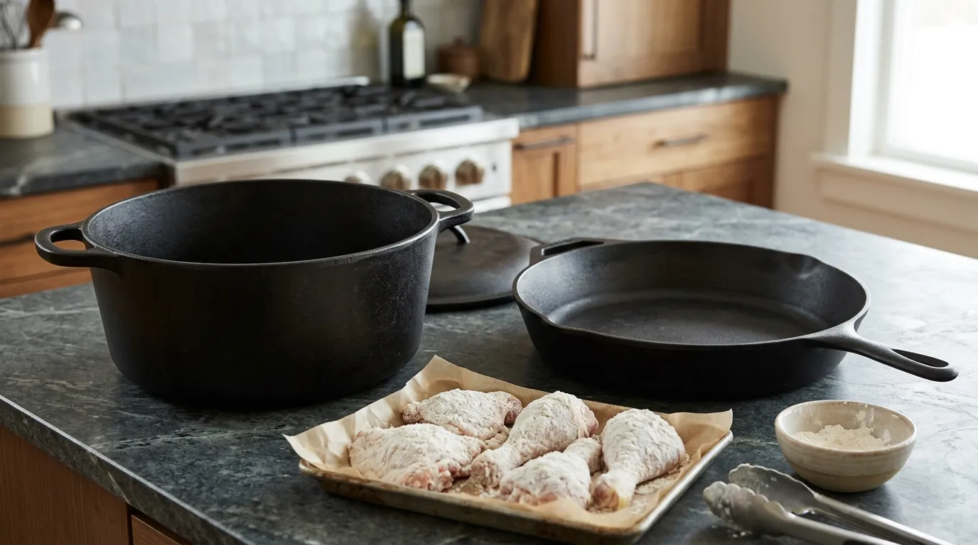 Heavy cast-iron Dutch oven and skillet illustrating heat retention, cooking space, a flat base, and tall sides