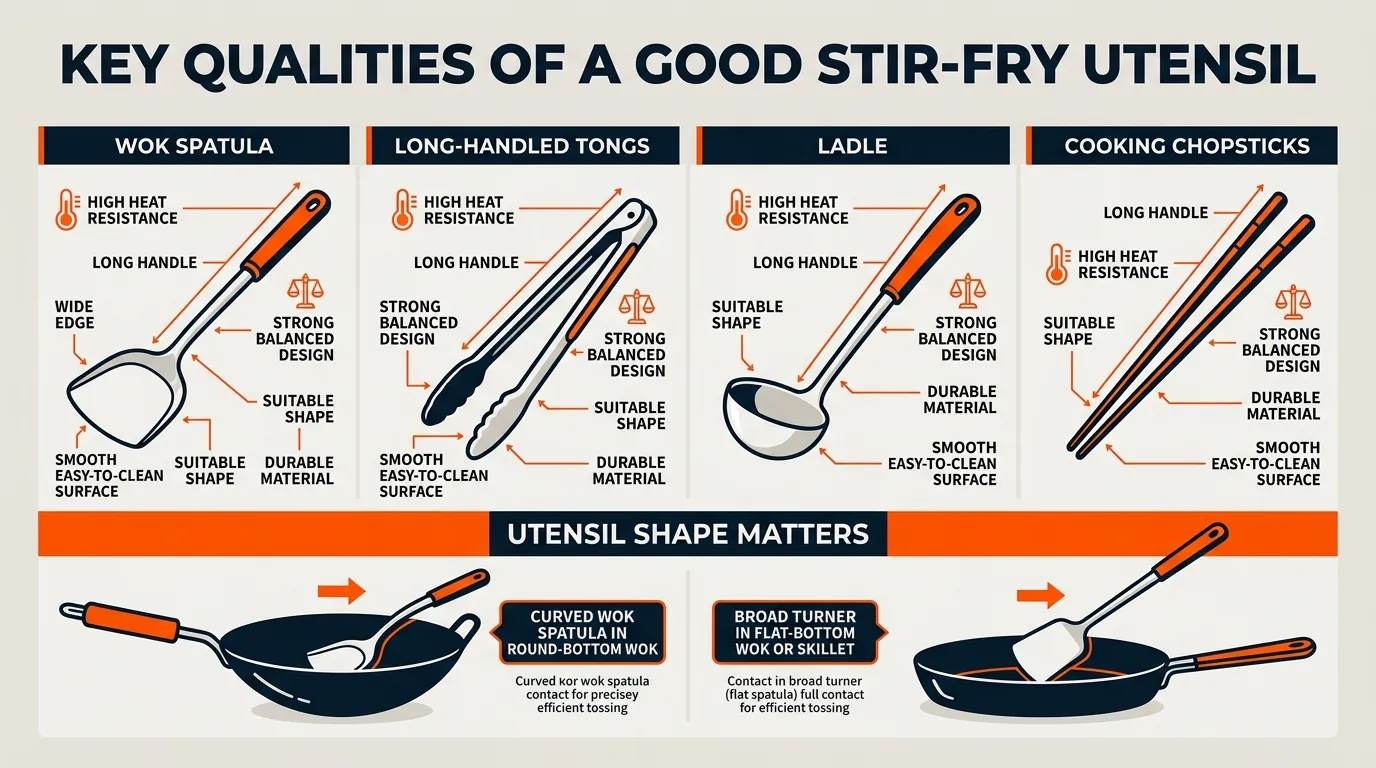 Stir-fry utensil features including long handles, heat resistance, wide edges, balanced design, and cookware compatibility