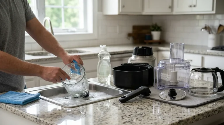 Kitchen gadgets being cleaned safely with a blender jar, air fryer basket, coffee maker, and food processor parts