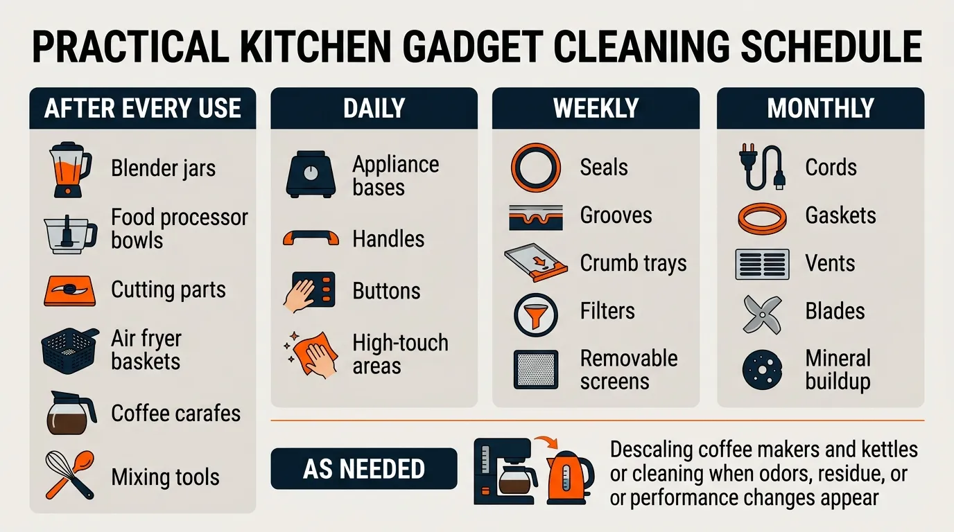 Kitchen gadget cleaning schedule showing after-use daily weekly monthly and as-needed maintenance tasks