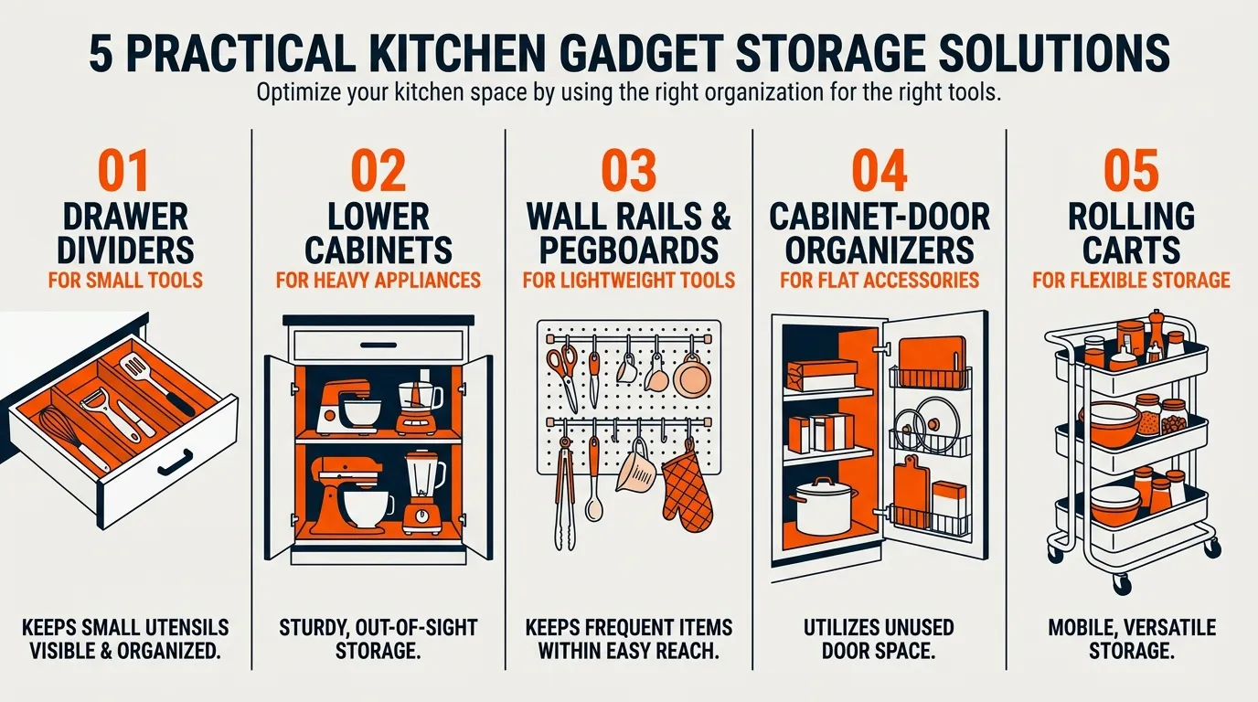 Kitchen storage infographic comparing drawer organizers, cabinets, wall rails, vertical shelves, and rolling carts