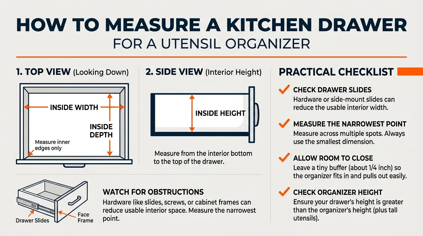 Kitchen drawer arranged by function with separate sections for cutlery, cooking utensils, measuring tools, and small prep tools