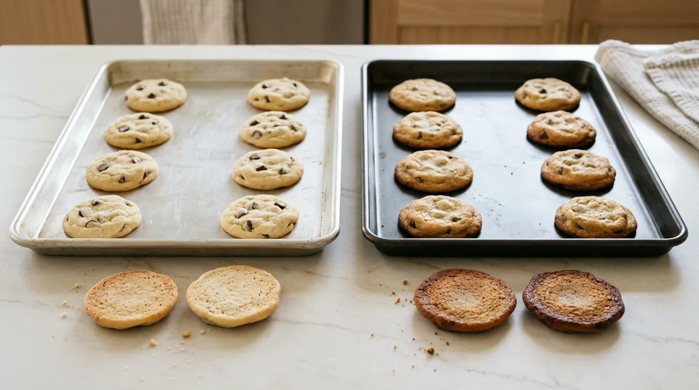 Light aluminum and dark baking pans showing differences in cookie-bottom browning