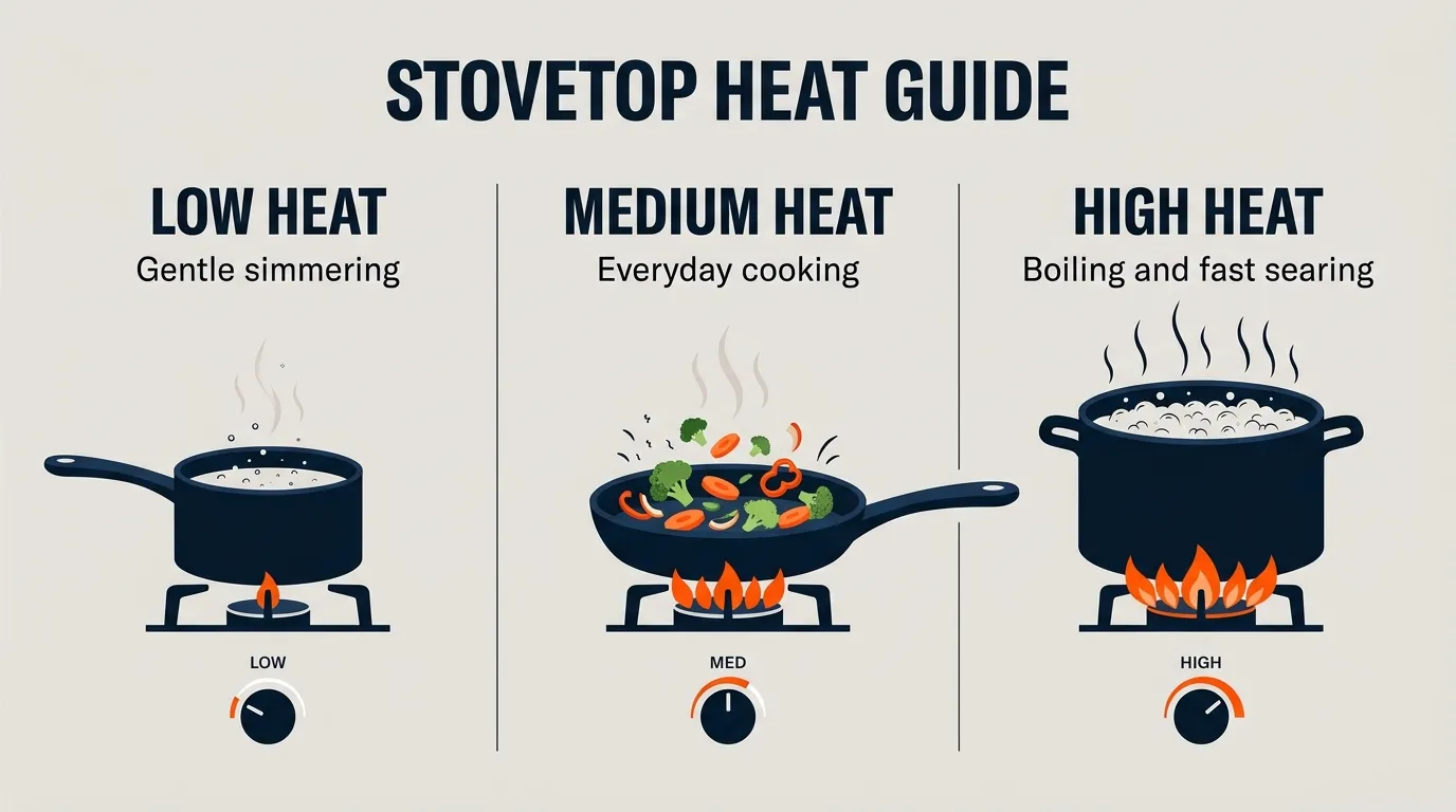 Three stovetop heat settings illustrated with gentle simmering, steady sautéing, and vigorous boiling