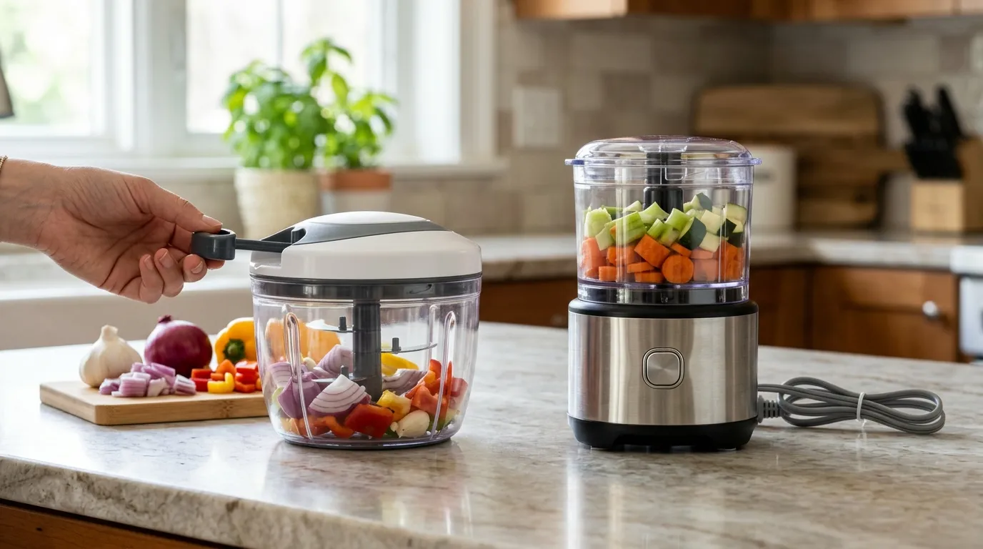 Manual pull-cord and electric vegetable choppers shown side by side for everyday food preparation