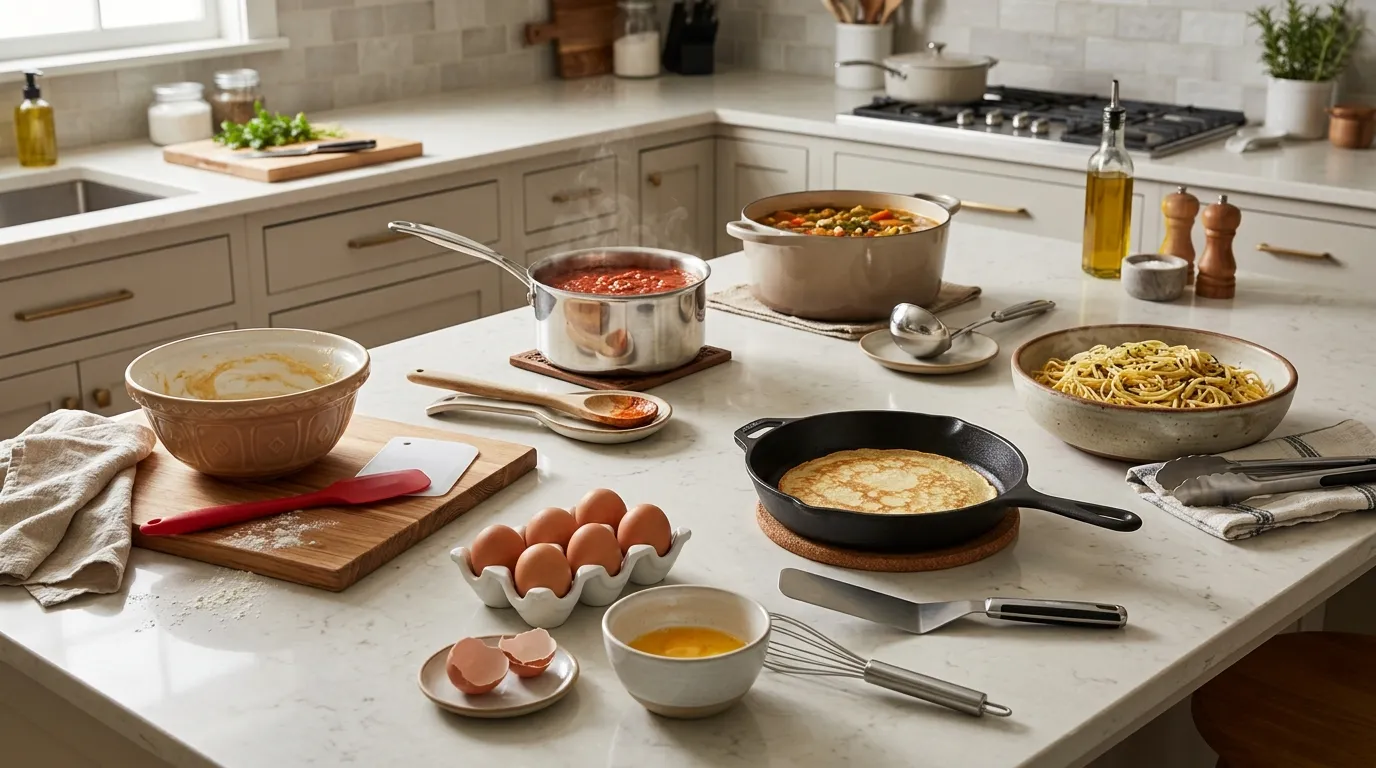 Wooden spoon for stirring sauce, flexible turner for flipping food, tongs for pasta, and whisk for mixing ingredients.