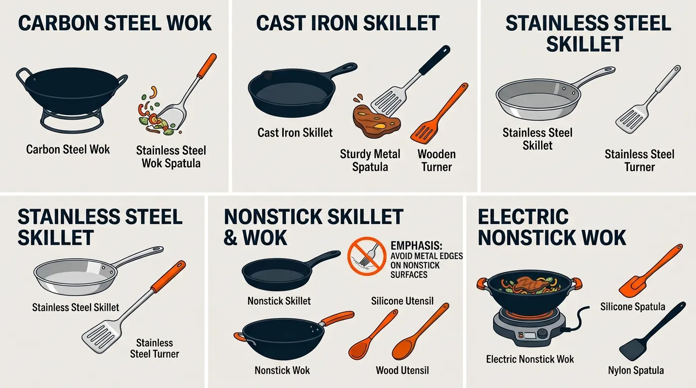 Cookware and utensil compatibility guide for carbon steel, cast iron, stainless steel, nonstick, and electric woks