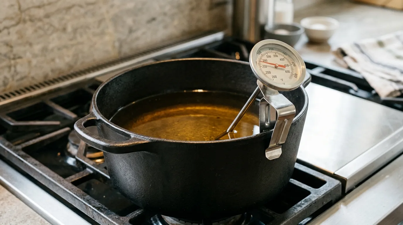 Clip-on deep-fry thermometer monitoring cooking oil in a cast-iron Dutch oven before chicken is added
