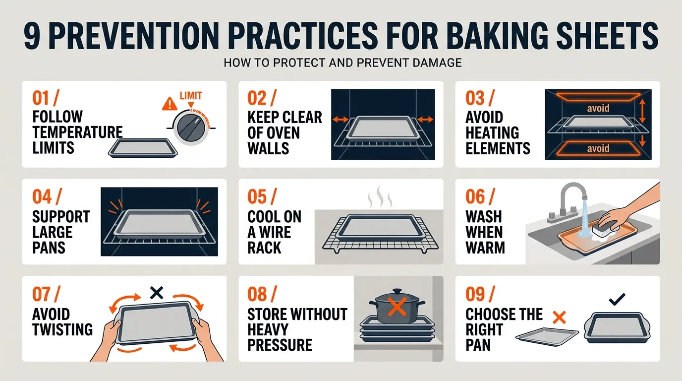 Baking pan care infographic covering temperature limits, oven placement, support, cooling, washing, and storage.