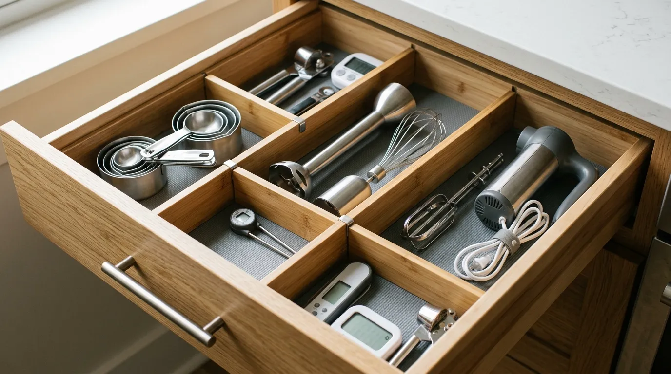 Kitchen drawer with dividers separating immersion blender, thermometer, electric whisk, timers, and appliance accessories