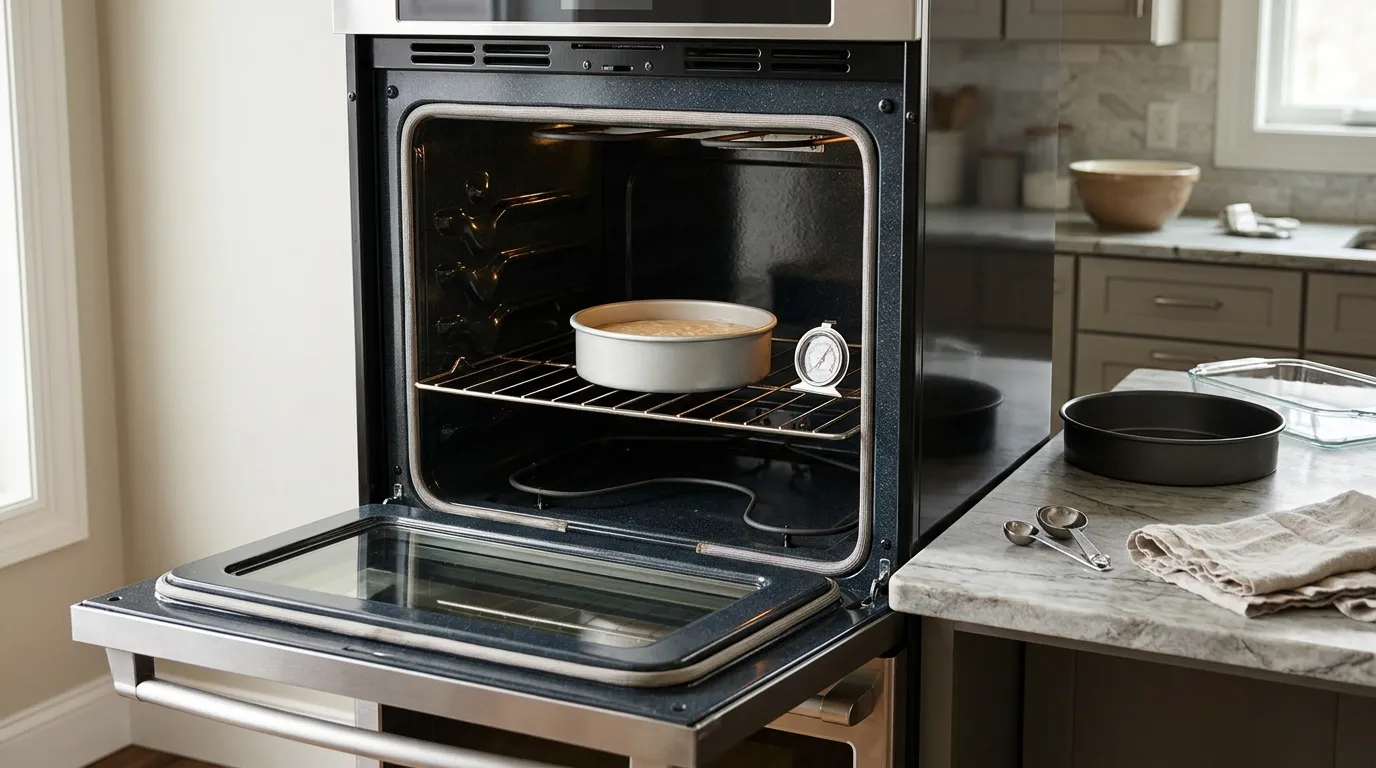 Cake pan positioned on the center rack of a conventional home oven with realistic metal bakeware nearby