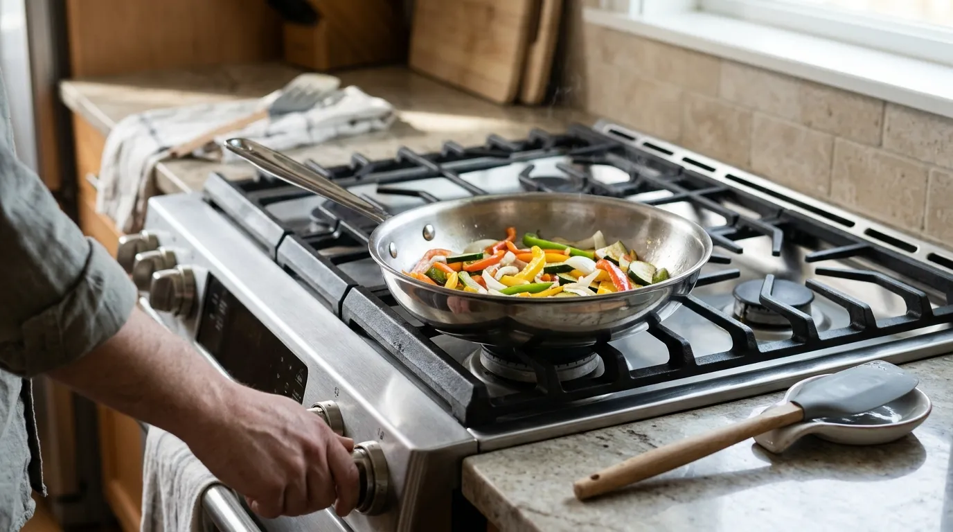 Cook using moderate heat while adjusting oil, pan position, and food spacing to prevent scorching