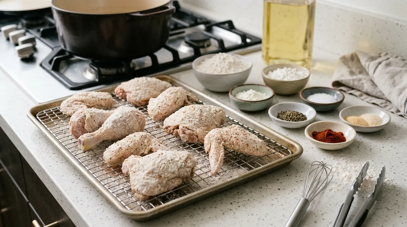 Flour-coated chicken pieces resting on a wire rack beside flour, cornstarch, seasonings, and cooking oil