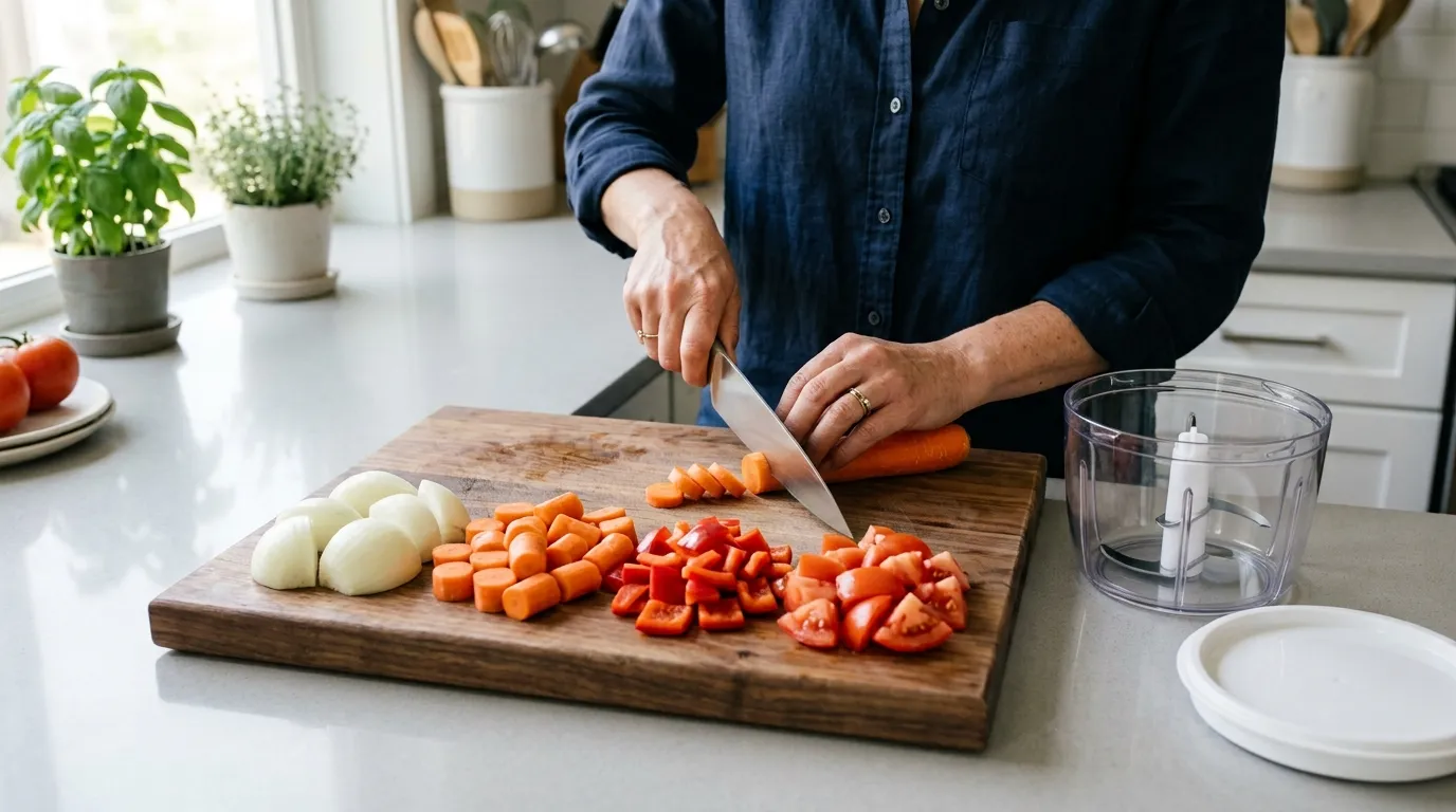 Vegetables cut into similar-sized pieces and prepared beside a vegetable chopper before loading the bowl
