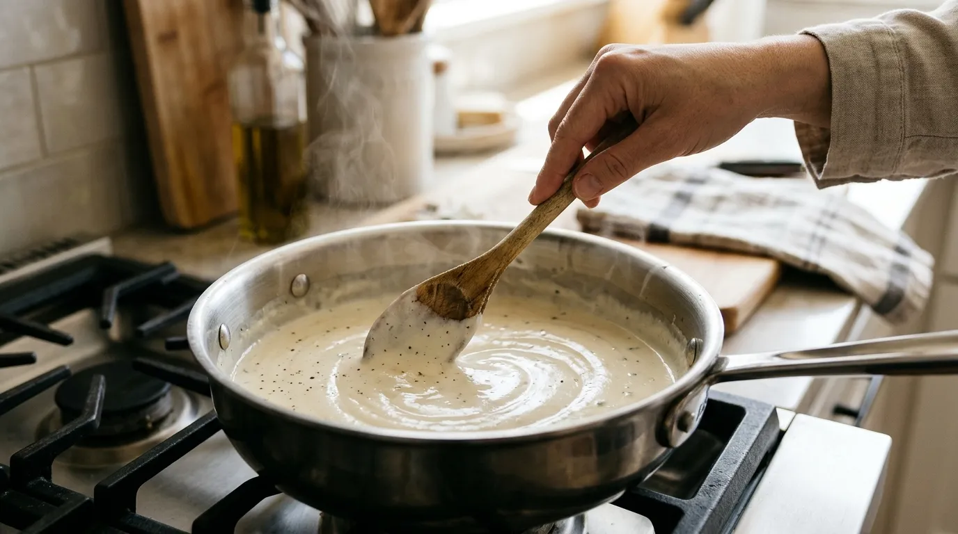 Cream sauce gently simmering in a heavy saucepan while being stirred to prevent burning on the bottom