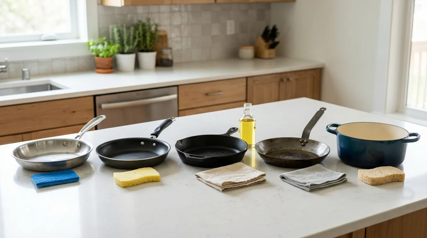 Stainless steel, nonstick, cast iron, carbon steel, and enameled cookware arranged with appropriate cleaning tools