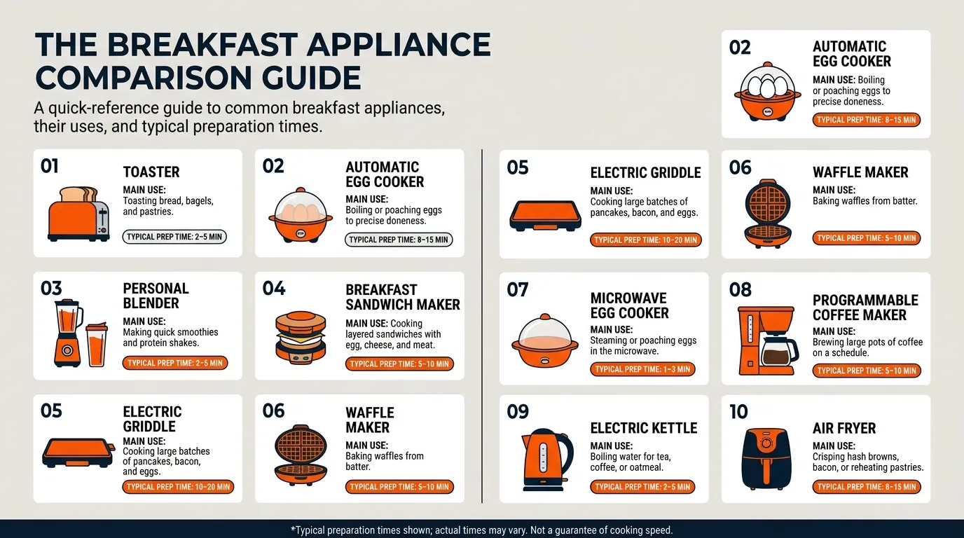 Breakfast gadget comparison infographic showing the main uses and typical preparation times for ten kitchen appliances.