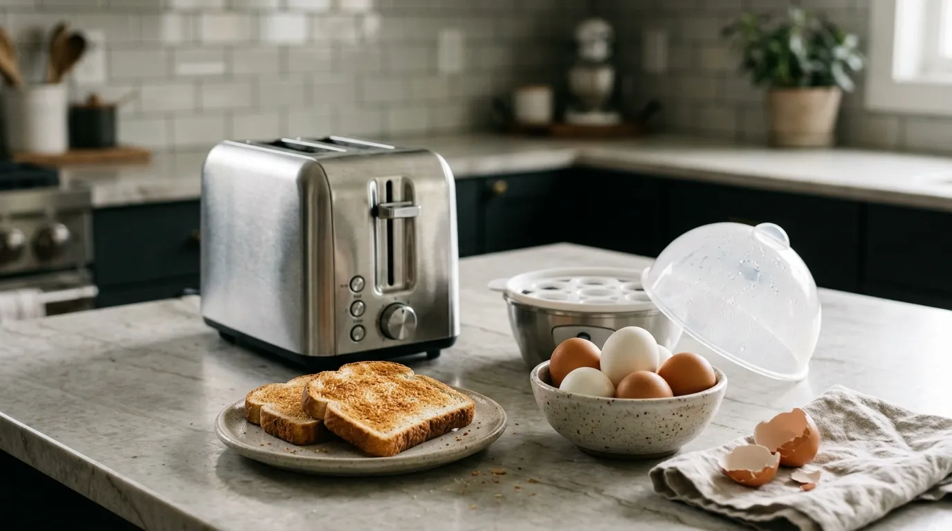 Toasted bread and boiled eggs prepared using a countertop toaster and automatic egg cooker.