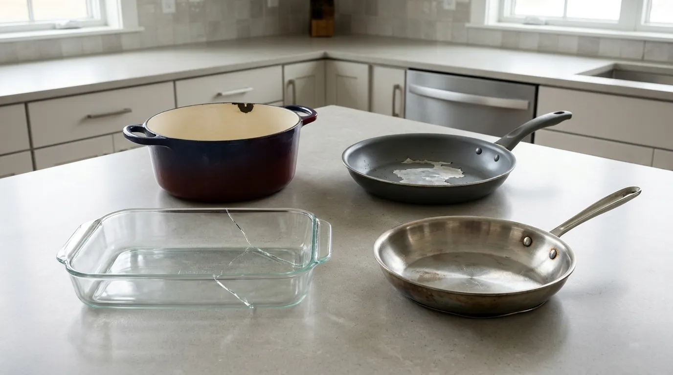 Cookware examples showing a peeling nonstick coating, chipped enamel, a warped pan base, and a cracked glass baking dish