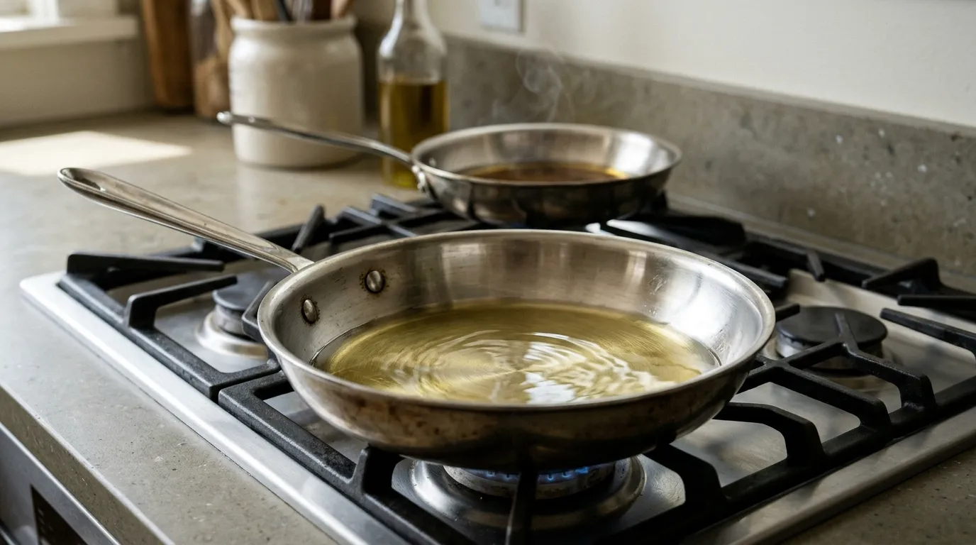 Cooking oil in a skillet with a subtle shimmer, illustrating the difference between properly heated oil and overheating
