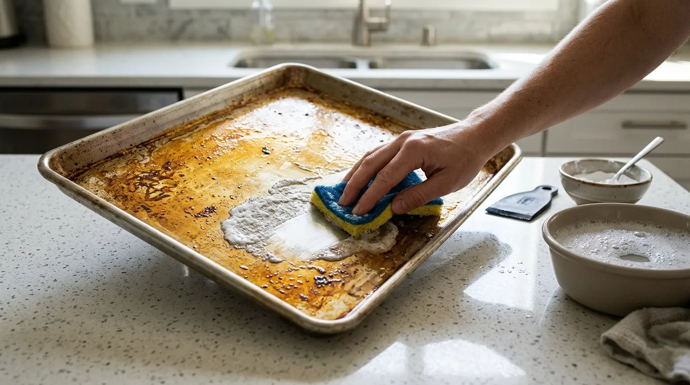 Soft baking soda paste being gently applied to baked-on grease on a compatible metal baking pan