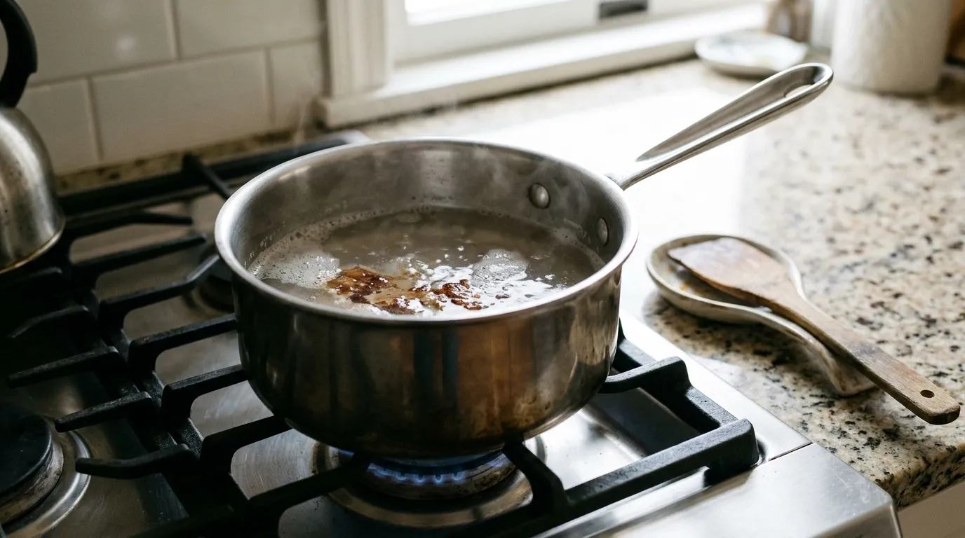 Stainless steel pan with rainbow heat discoloration being treated with a small amount of white vinegar and a soft sponge