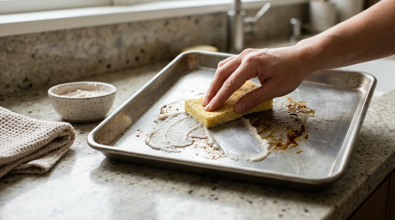 Sticky cooking spray residue being gently removed from an uncoated metal baking sheet with a nylon pad