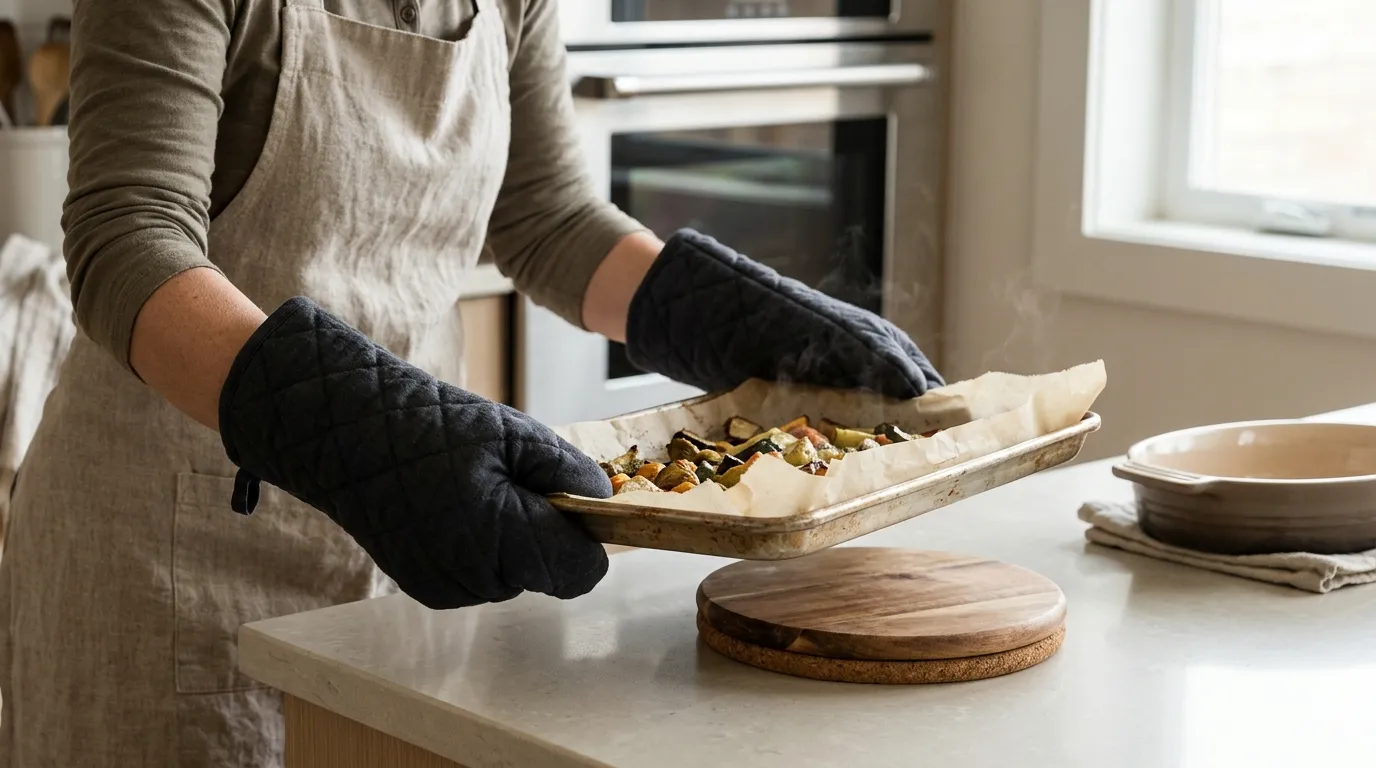 Home baker using dry oven mitts to place a hot metal baking pan on a dry heat-safe trivet