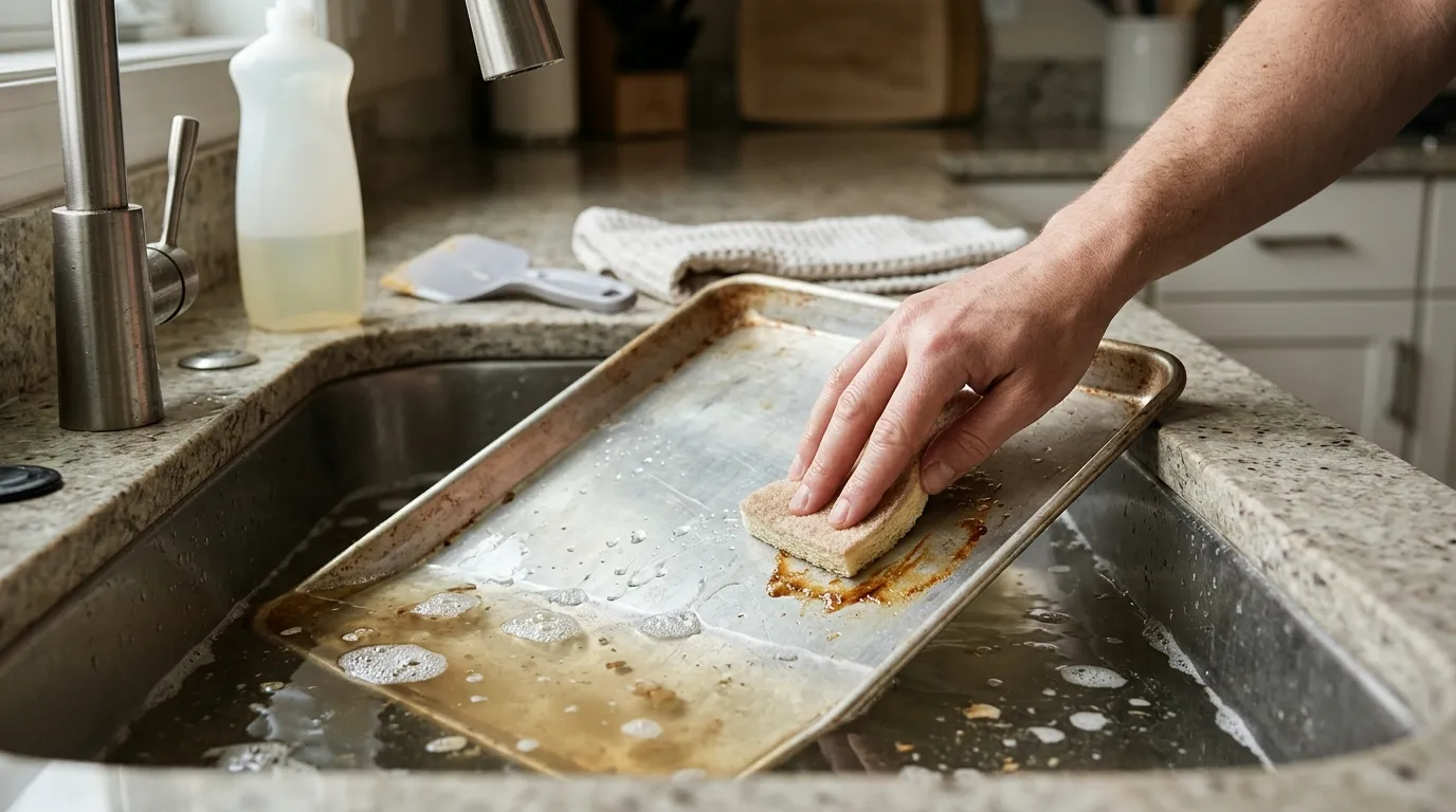 Bakeware material comparison showing appropriate gentle cleaning methods for nonstick, aluminum, stainless steel, glass, silicone, cast iron, and enamel