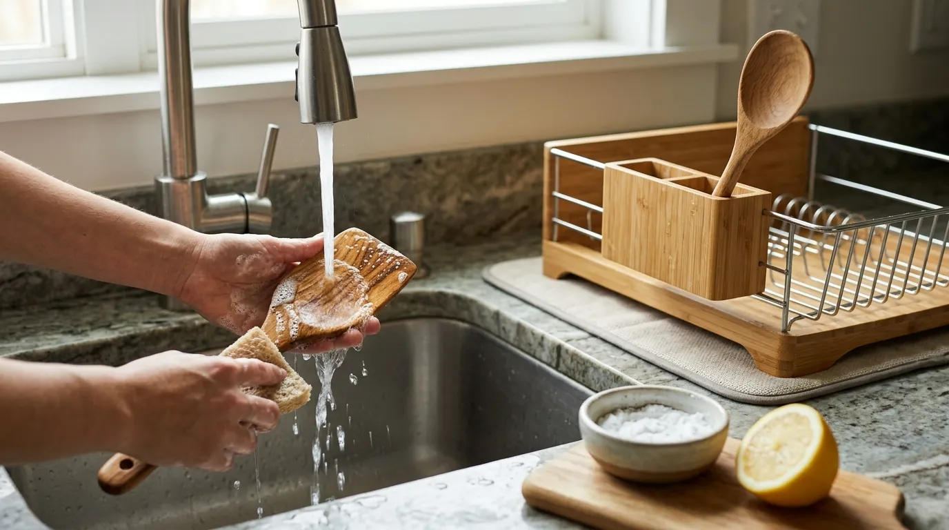 Wooden spoons being hand-washed with mild dish soap and placed upright on a drying rack to dry completely