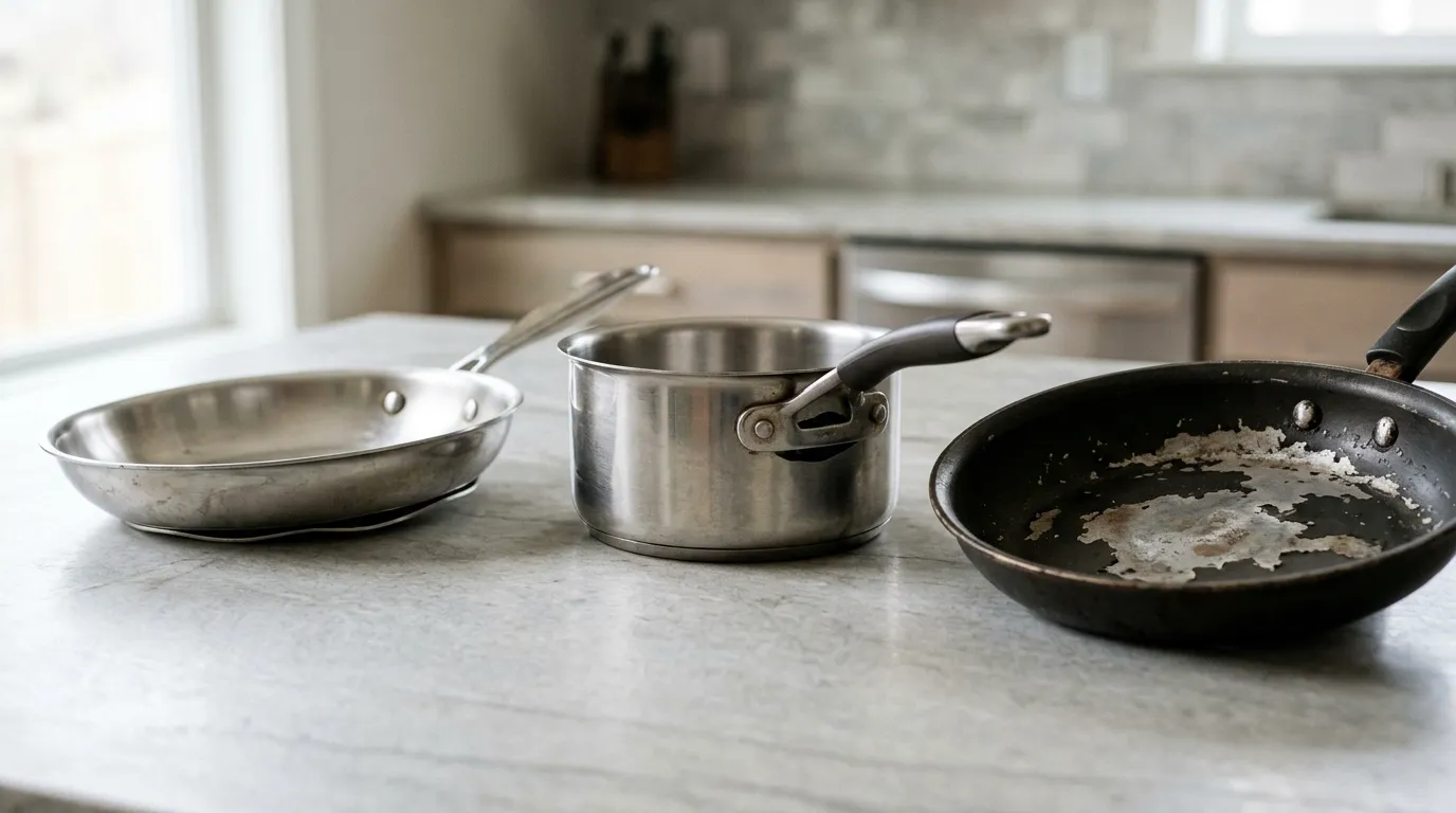 Frying pans showing a warped base, loose handle, and damaged nonstick coating that may require replacement