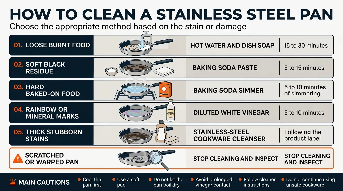 Stainless steel pan containing gently simmering water and baking soda to soften burnt food residue
