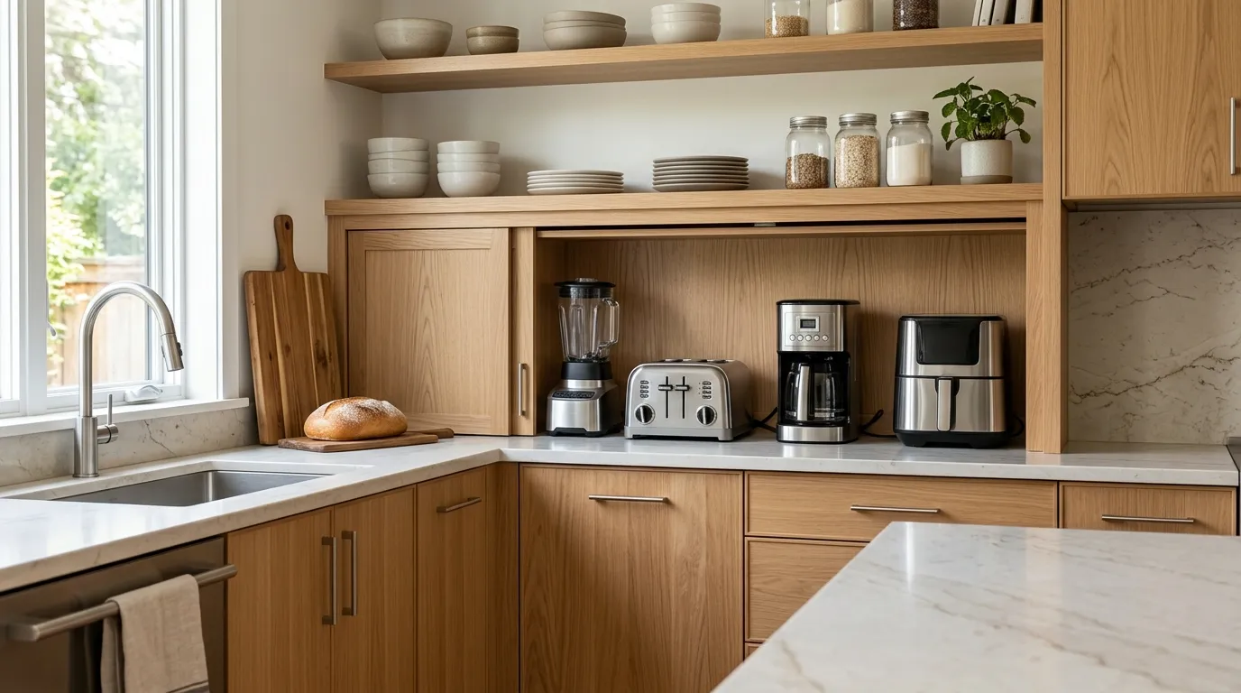 Modern kitchen with neatly organized blenders, toaster, coffee maker, and air fryer on clean countertops and shelves