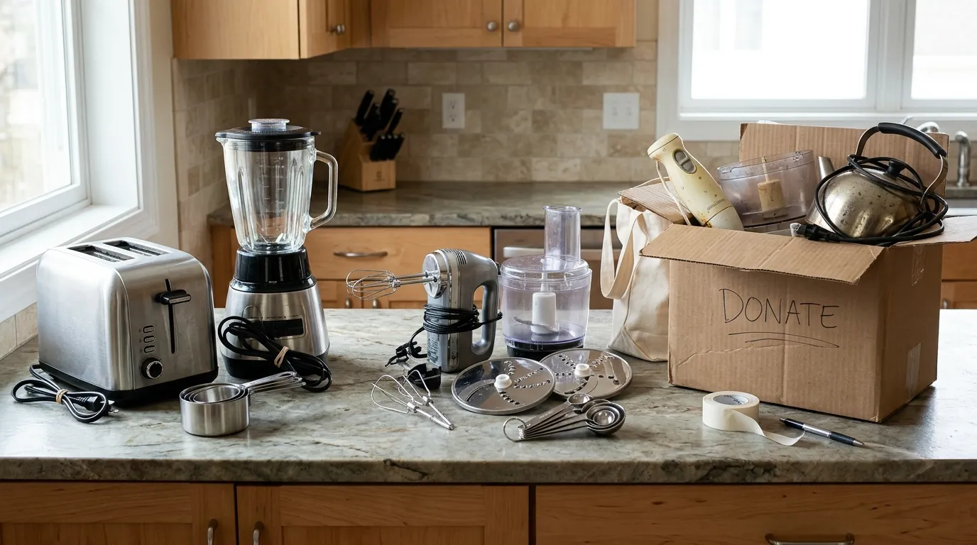 Kitchen gadgets grouped on a clean countertop into frequently used, occasional-use, and unwanted items before storage