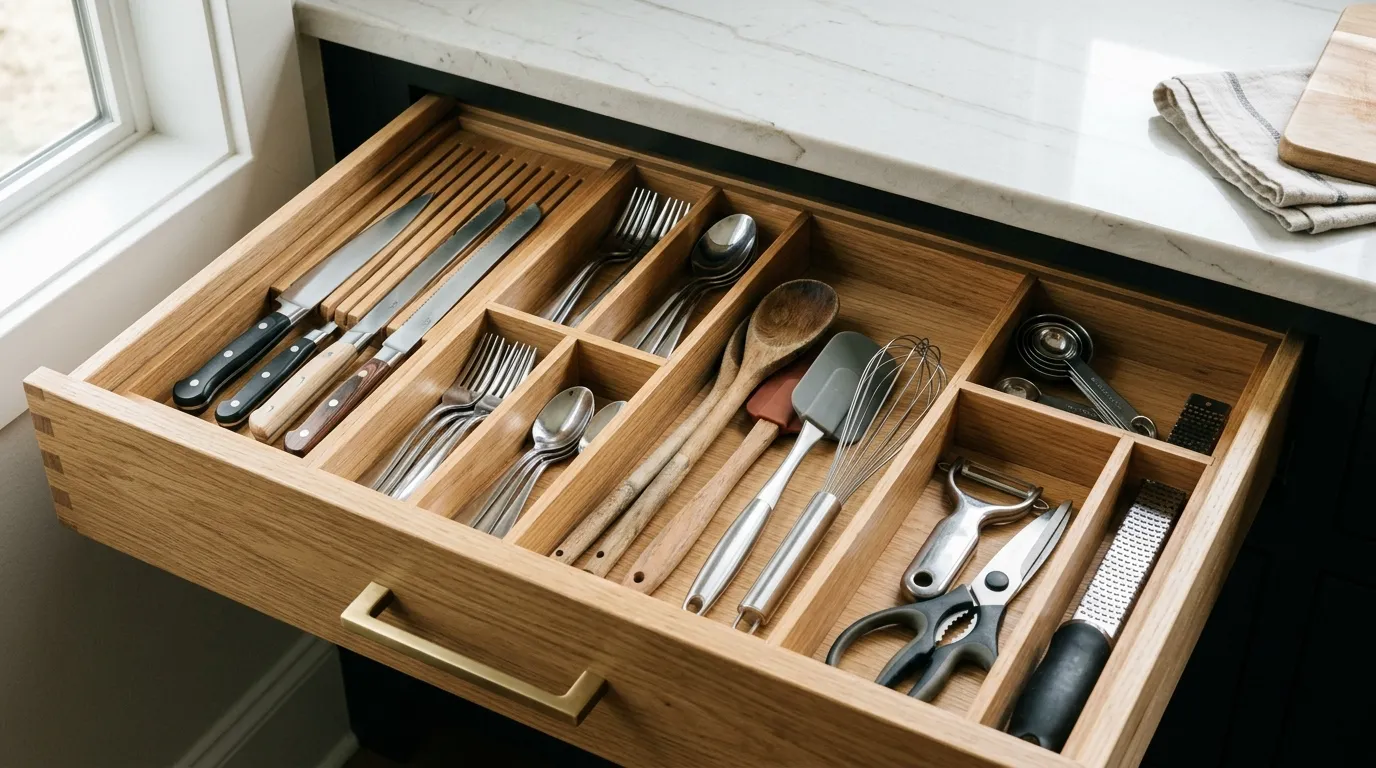 Kitchen utensils sorted into keep, occasional use, relocate, and repair groups beside a clean empty drawer