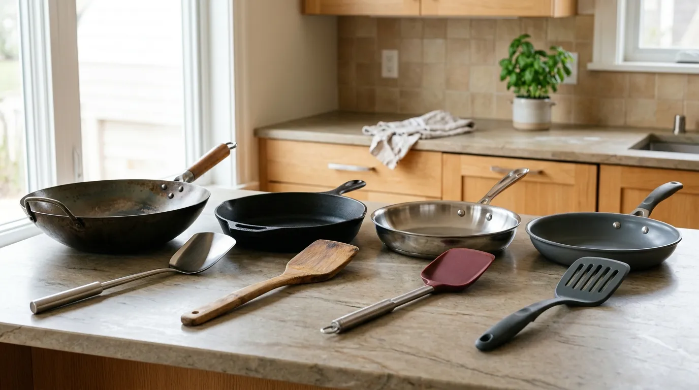 Stainless steel, wood, silicone, and nylon stir-fry utensils shown with different cookware materials
