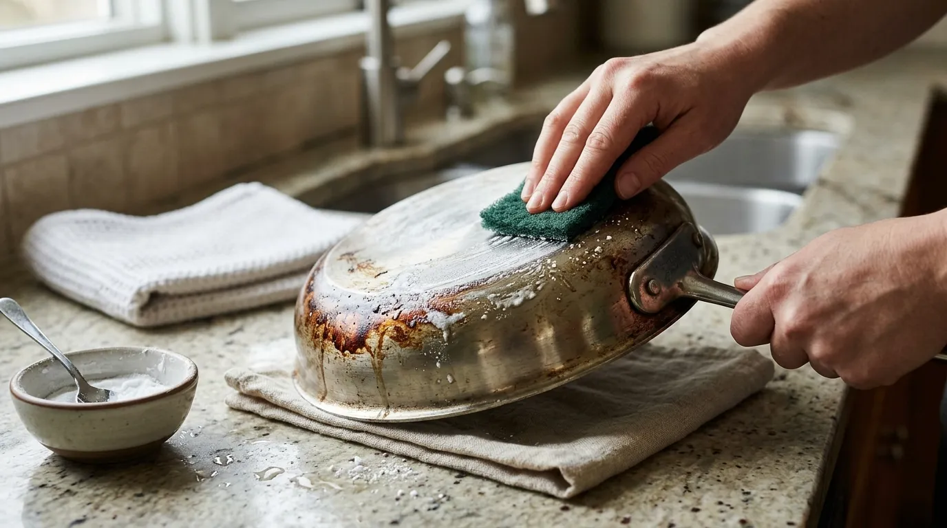 Eight illustrated stages showing how to cool, soak, apply baking soda paste, gently scrub, rinse, and dry a burnt stainless steel pan