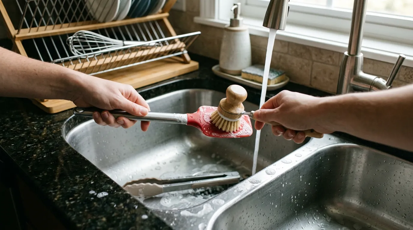 Silicone spatula being hand washed with warm water, mild dish soap, and a soft brush around seams and edges