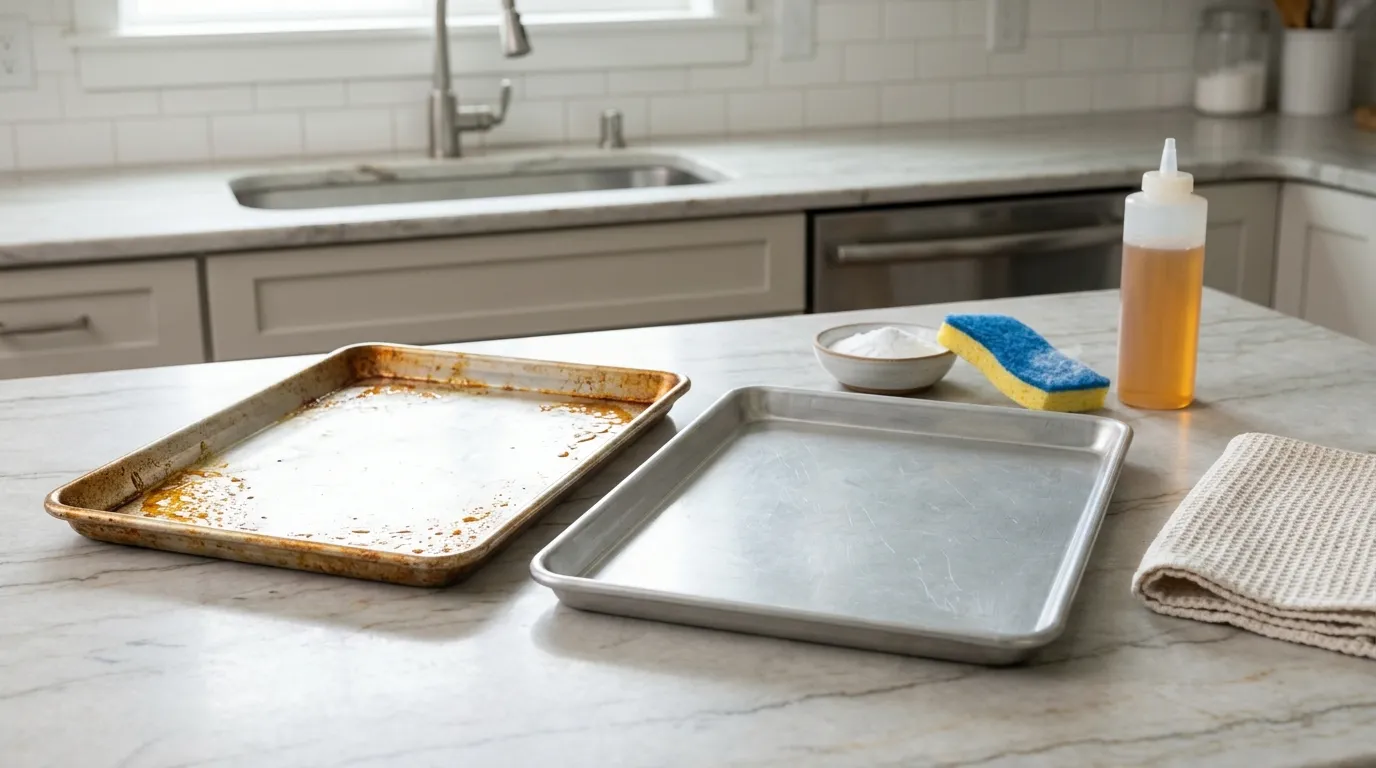 Baking sheet soaking in warm soapy water before gentle scrubbing with a soft sponge