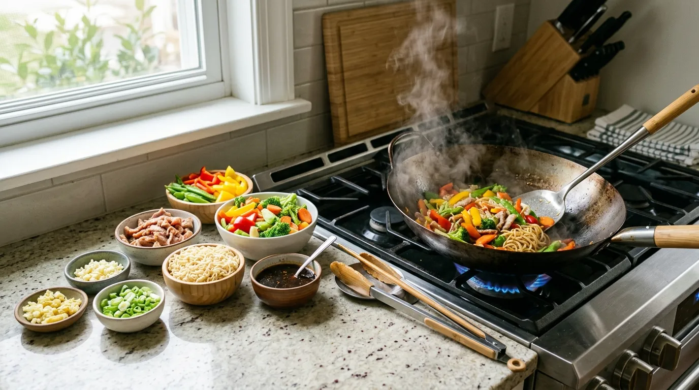 Prepared stir-fry ingredients arranged for a wok workflow with spatula, tongs, chopsticks, and ladle ready to use