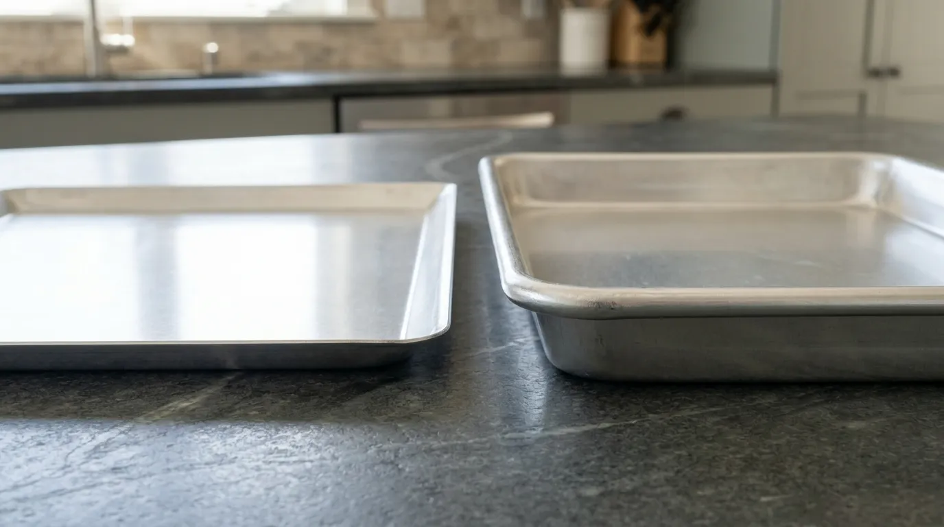 Thin aluminum baking sheet and heavy-gauge rimmed baking pan displayed side by side on a kitchen countertop.