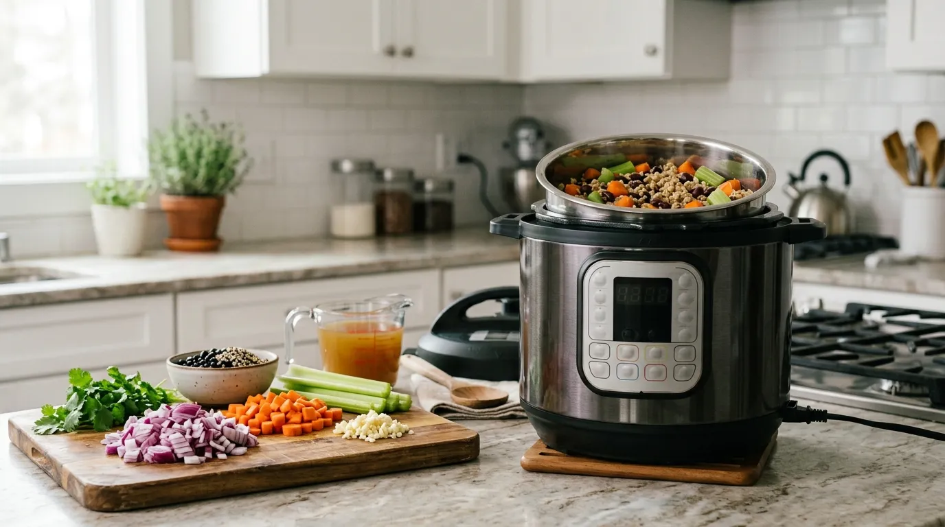 Electric pressure cooker prepared for a one-pot meal with ingredients ready for efficient cooking