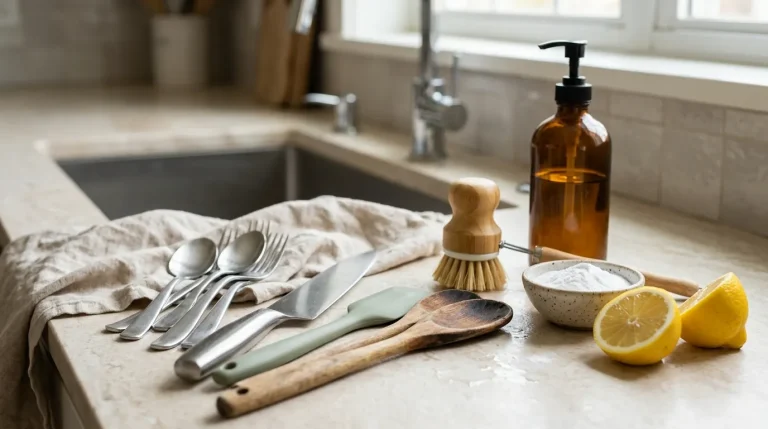 Stainless steel spoons, forks, silicone spatula, and wooden utensils arranged for kitchen cleaning and odor removal